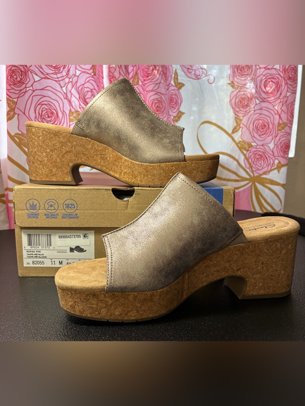 Clarks Metallic Taupe Cork Platform Mules
